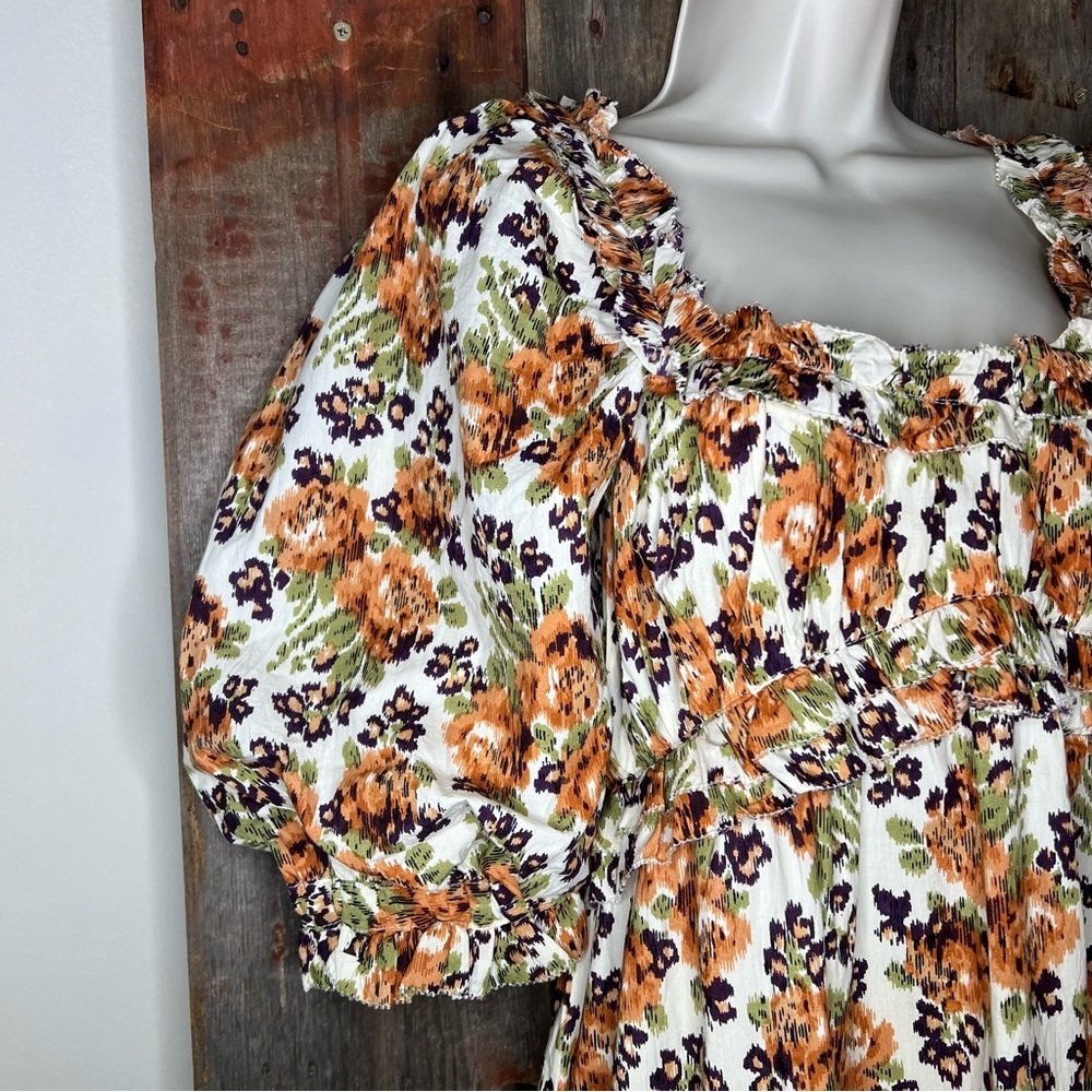Anthropologie Love the Label Fall Floral Puff Sleeve Midi Dress Brown Cream M - Picture 6 of 14